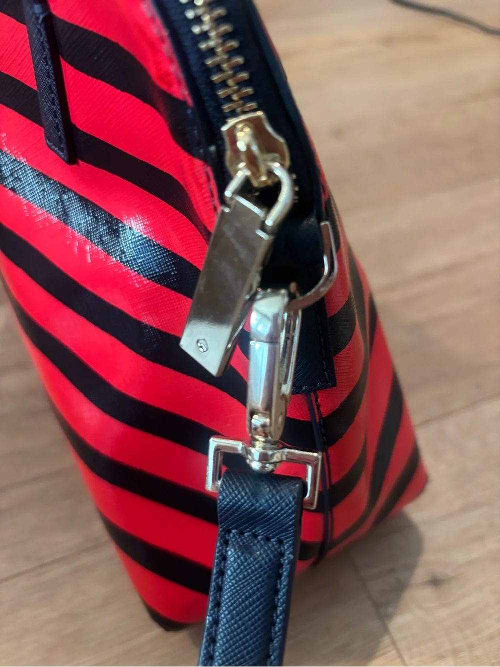 kate spade Red and Navy Striped Dome Satchel with Bow Accent